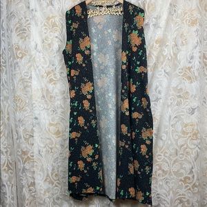 LuLaRoe Large Black Orange Floral Open Cardigan Joy Sleeveless Boho Duster Fall